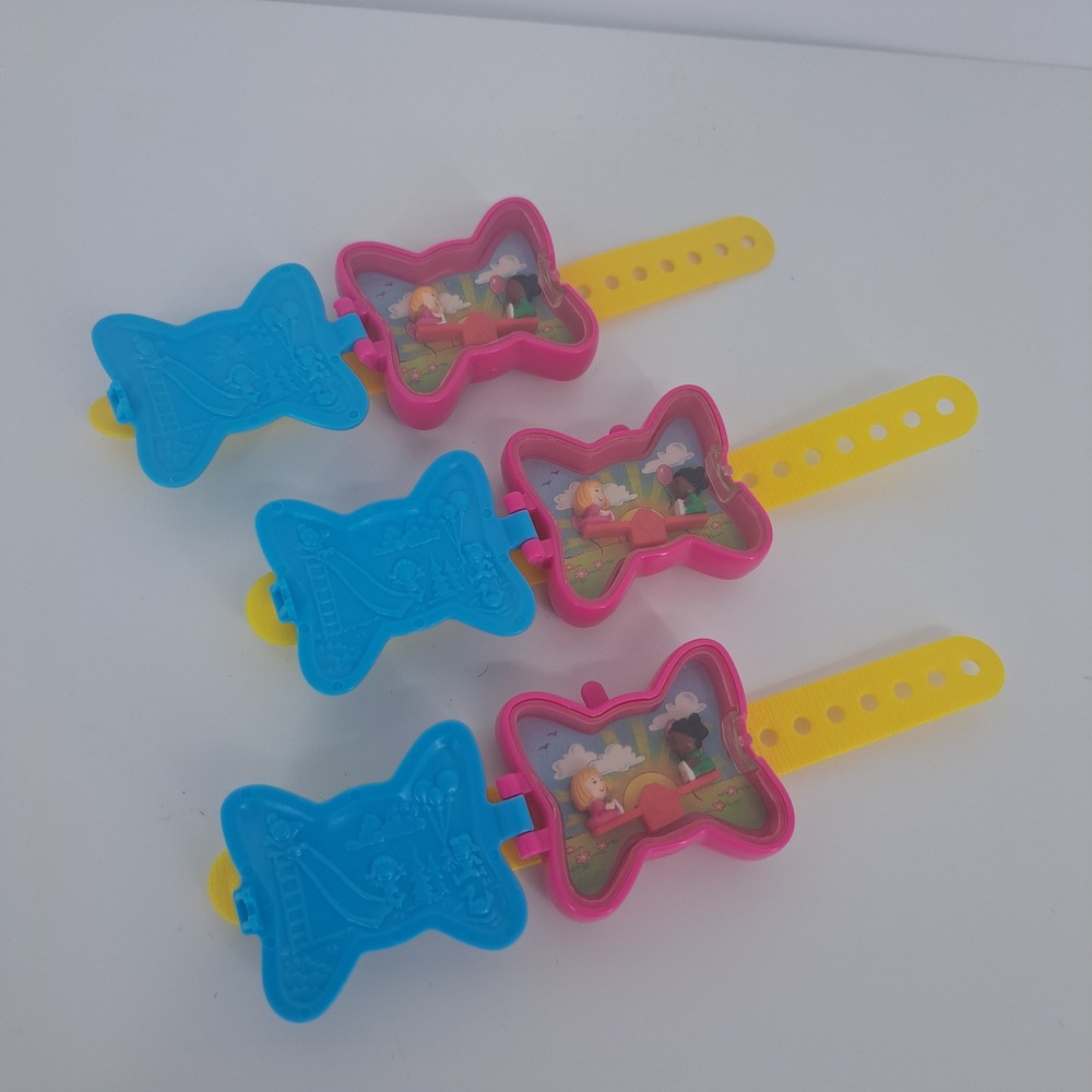 VTG Polly Pocket Butterfly Wrist Locket Watch Toy Blue Pink Yellow Lot of 3 90s
